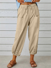 Loookus - Women's New Loose Type High-waisted Button Cotton Linen Pants Nine-minute Pants Wide-legged Cotton Linen Nine-minute Pants