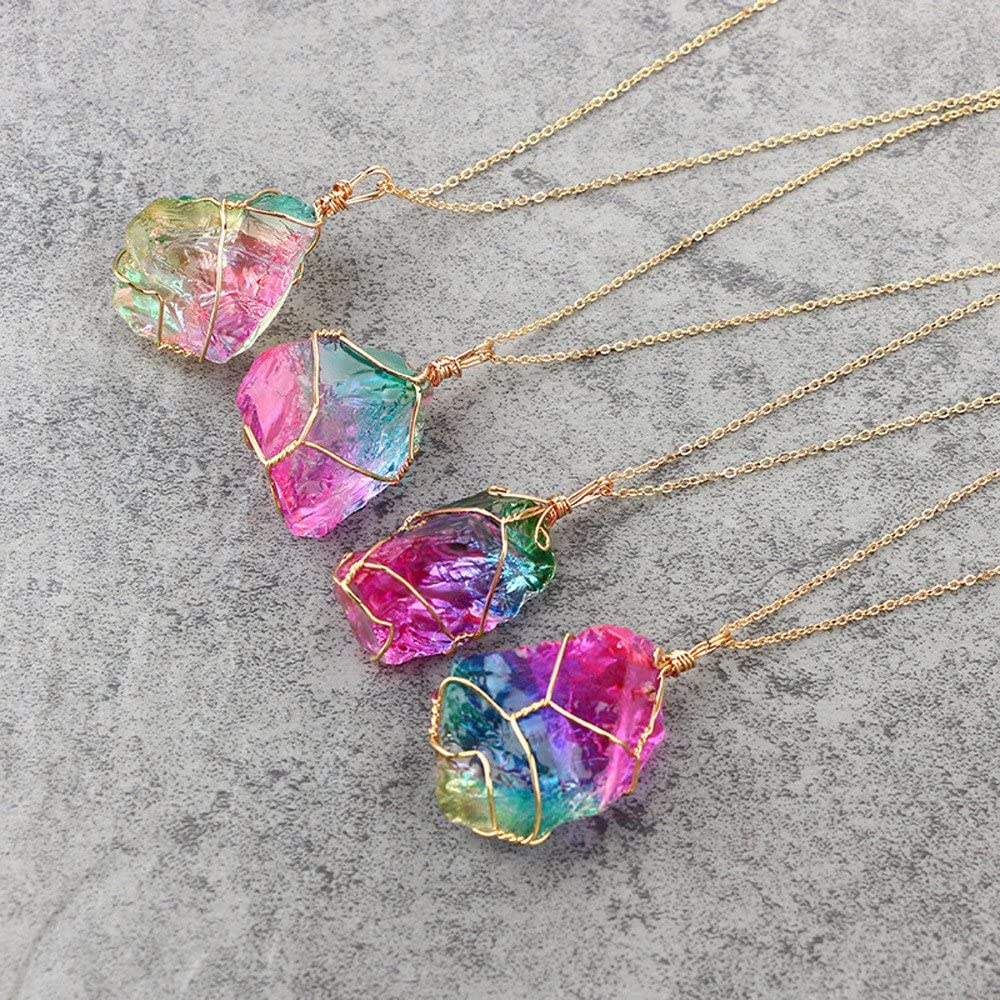 Loookus - Natural Rainbow Stone Healing Irregular Crystal Rock Pendant Necklace