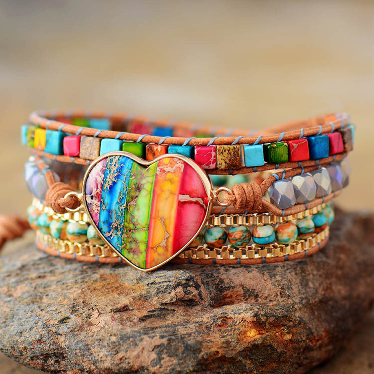 Lookus - Heart-Shaped Colorful Imperial Stone Leather Bracelet