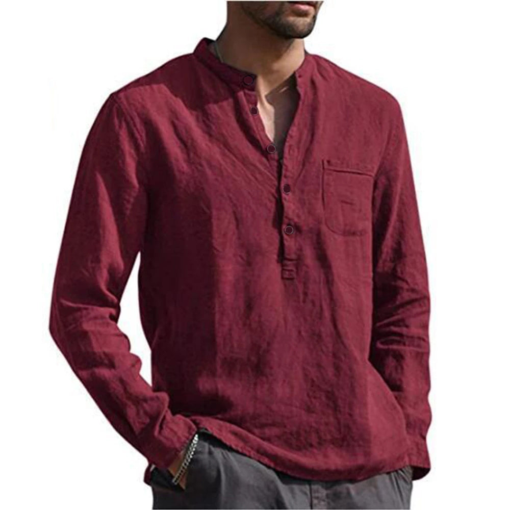 Loookus - Men's Cotton Linen Summer Solid Color  Stand-Up Collar Long-Sleeved Shirts