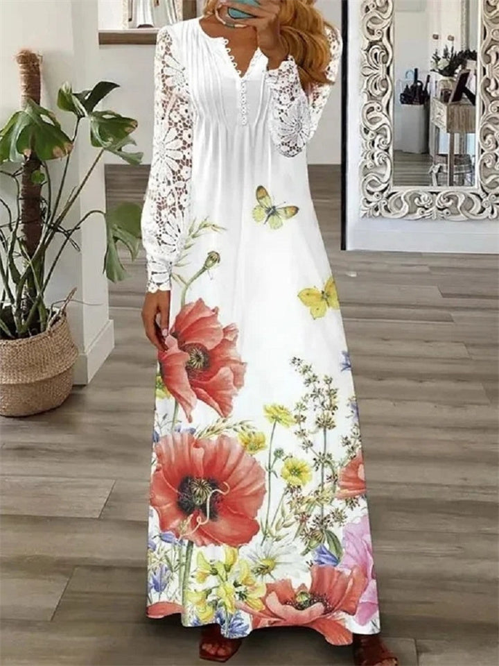 Loookus - Spring and Summer Women's Fashion V-neck Long-sleeved Lace Long Dress