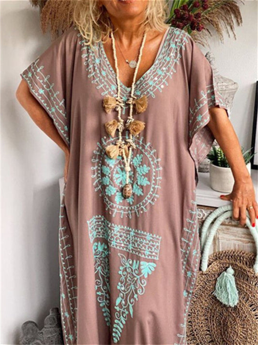 Loookus - Women's Long Dress Maxi Dress Casual Dress T Shirt Dress Tee Dress Boho Dress Floral Fashion Bohemian Outdoor Daily Vacation Print Short Sleeve V Neck Dress Loose Fit Sky Blue Khaki Spring Summer