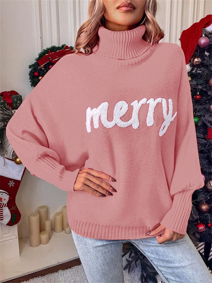 Loookus - Christmas Turtleneck Sweater Women's Fall and Winter Loose Bat Sleeve Outwear Knit Sweater Tops for Women