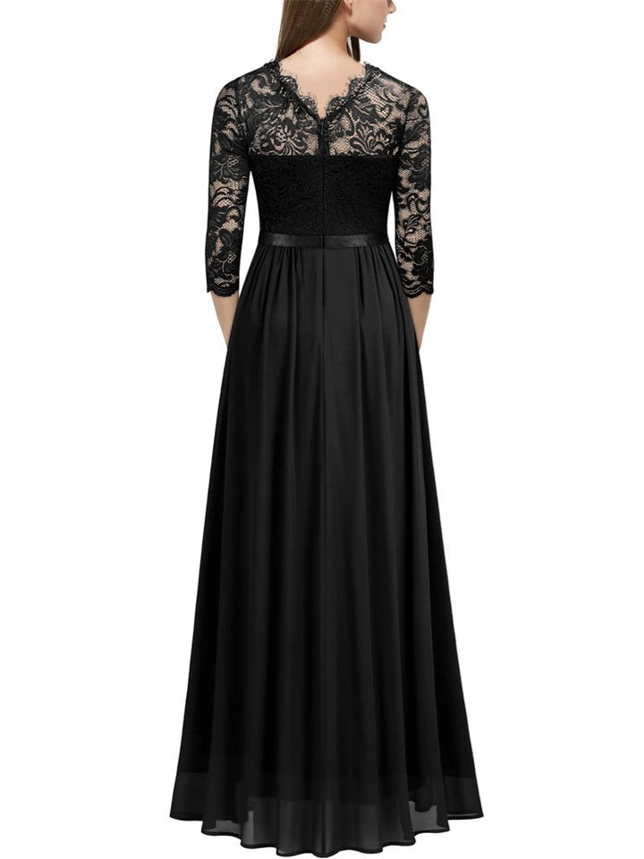 Loookus - Women's Party Dress Lace Dress Long Dress Maxi Dress Green Wine Navy Blue Black 3/4 Length Sleeve Pure Color Lace Ruched Winter Fall Crew Neck Elegant Formal Romantic Party 2022 S M L XL XXL