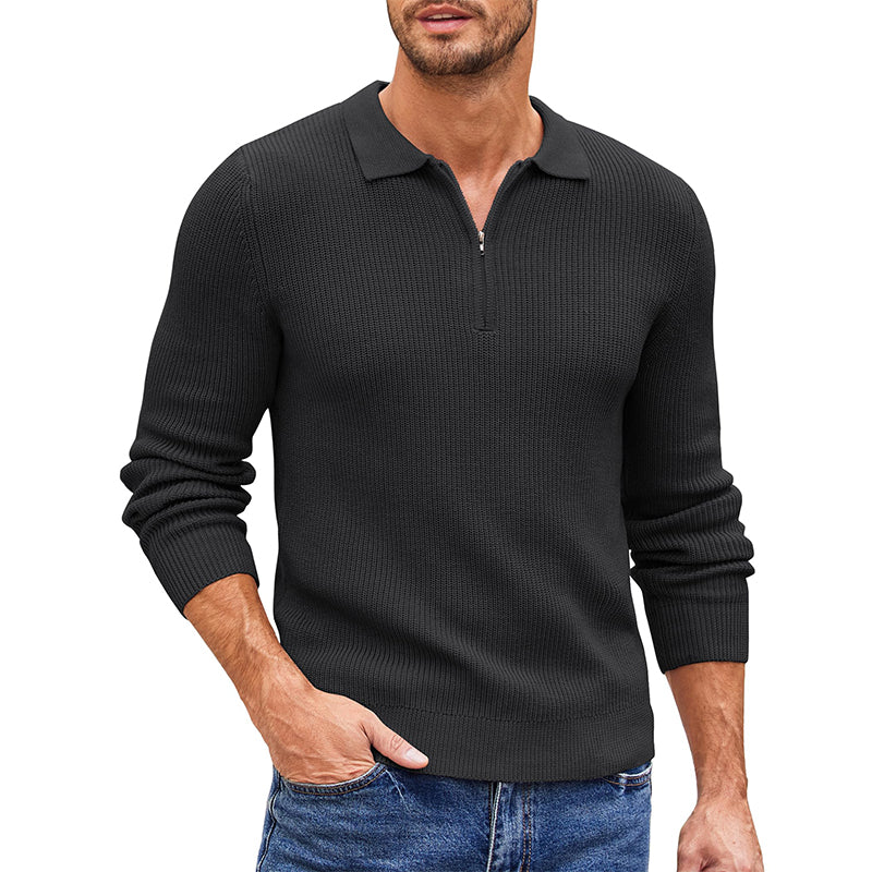 Loookus - Men's Zip Long Sleeve Casual Knit Polo Sweater