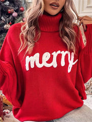 Loookus - Christmas Turtleneck Sweater Women's Fall and Winter Loose Bat Sleeve Outwear Knit Sweater Tops for Women