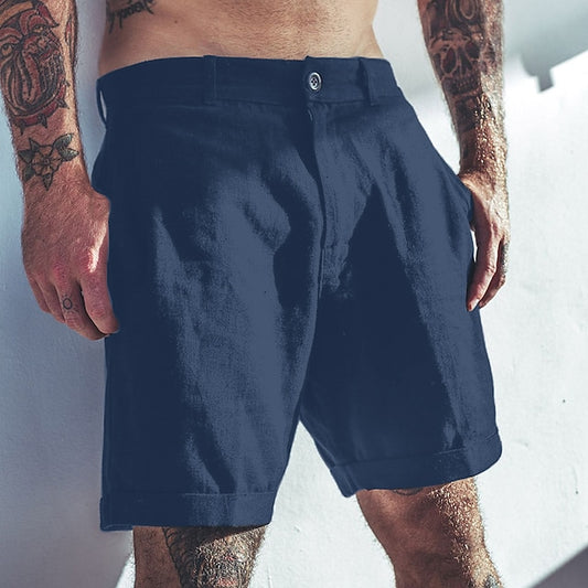 Loookus - Men's Cotton Linen Capris Beach Elastic Waist Basic Casual Shorts
