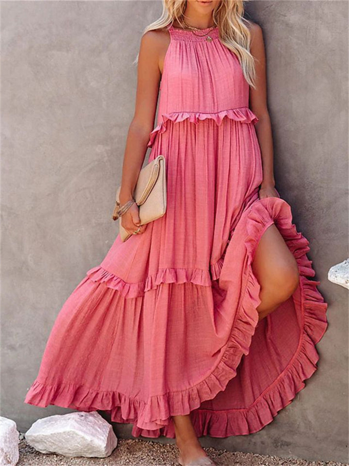 Loookus - Summer New Holiday Style Ruffled Long Dress Sleeveless Round Neck Swing Elegant Beach Dress Women