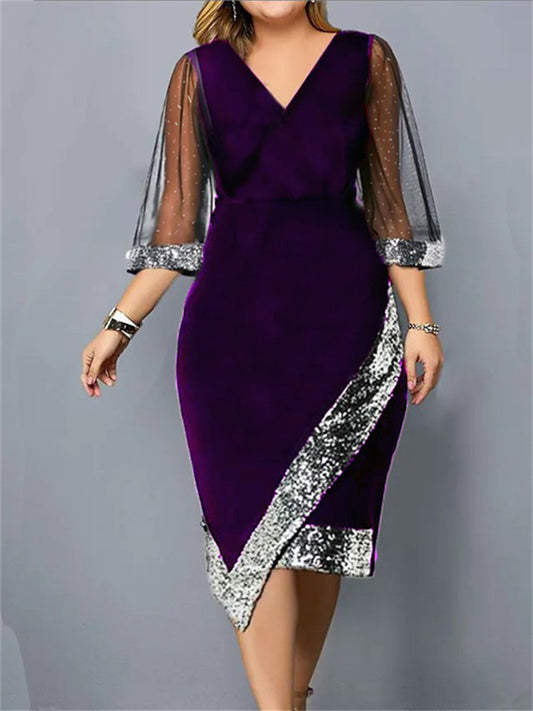 Loookus - Golden Velvet Temperament Elegant V-neck Irregular Sequin See-through Mesh Ladies Dresses