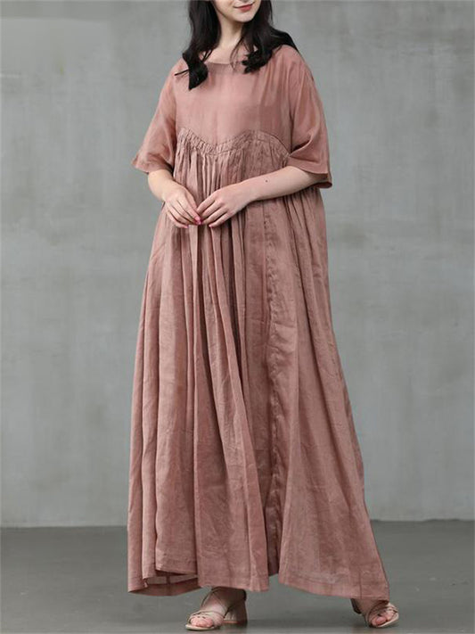 Loookus - Casual Temperament Women's Cotton Linen Set Head Round Neck Swing Type Solid Color Dress