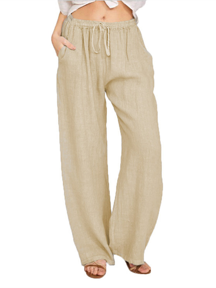 Loookus - New Women's Casual Pants Solid Color Cotton and Linen Loose High-waisted Tie Wide-legged Pants