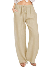 Loookus - New Women's Casual Pants Solid Color Cotton and Linen Loose High-waisted Tie Wide-legged Pants