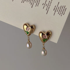 Loookus - Oil Dripping Tulip Metal Heart Pearl Earrings