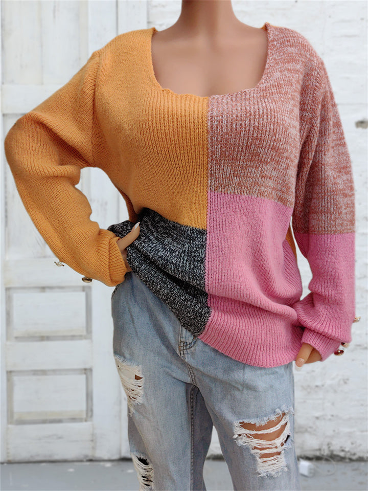 Loookus - Winter Women's Square Neck Pullover Sweater Women's U Neck Collision Color Splicing Sweater Tops Women's