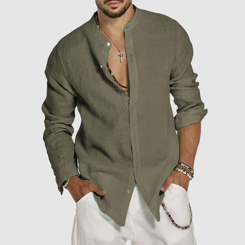 Loookus - Men's Beach Cotton Linen Standing Collar Shirt