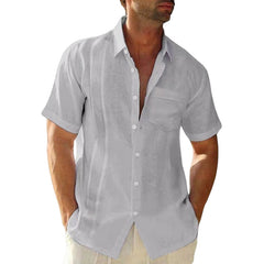 Loookus - Men's summer lapel solid color cotton and linen cardigan casual short-sleeved shirt