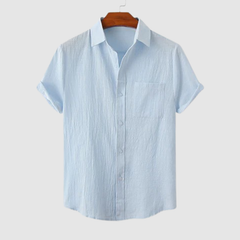 Loookus - Men's summer linen short sleeve contracted top solid color lapel shirt