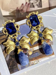 Loookus - Bow Knot Rhinestone Handmade Blue Glass Earrings