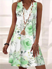 Loookus - Summer Loose Comfortable Casual V-neck Sheath Sleeveless Plant Floral Print Mid-length A-line Dress Elegant Wind Dress