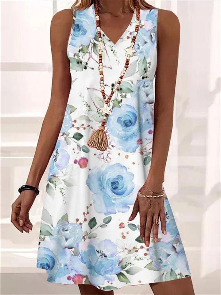 Loookus - Summer Loose Comfortable Casual V-neck Sheath Sleeveless Plant Floral Print Mid-length A-line Dress Elegant Wind Dress