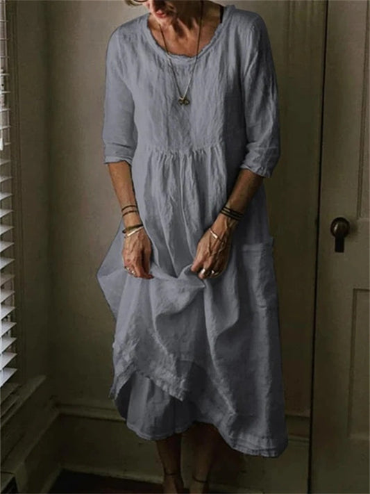 Loookus - Casual Round Neck Linen Solid Color Long Dress