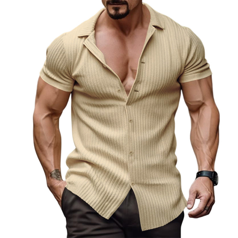 Loookus - Men's Fashion Casual Vertical Stripe Short Sleeve Lapel Top