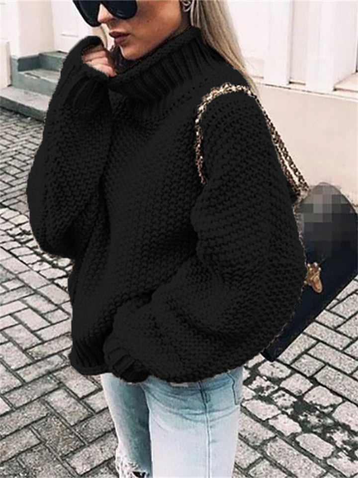 Loookus - Share  Photo by Supplier   Women's Sweater Pullover Jumper Knitted Solid Color Basic Casual Chunky Long Sleeve Loose Sweater Cardigans Turtleneck Fall Winter Light Blue Green White