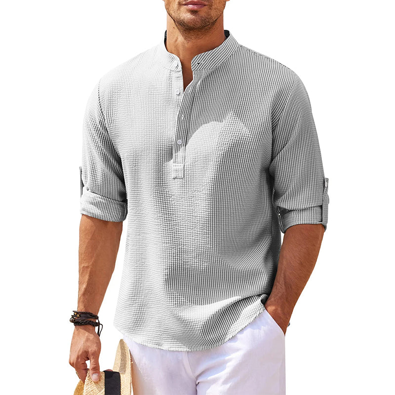 Loookus - Men's Linen Henley Shirt Long Sleeve Casual Hippie Cotton Beach T Shirts Vertical Striped Hawaiian Shirts