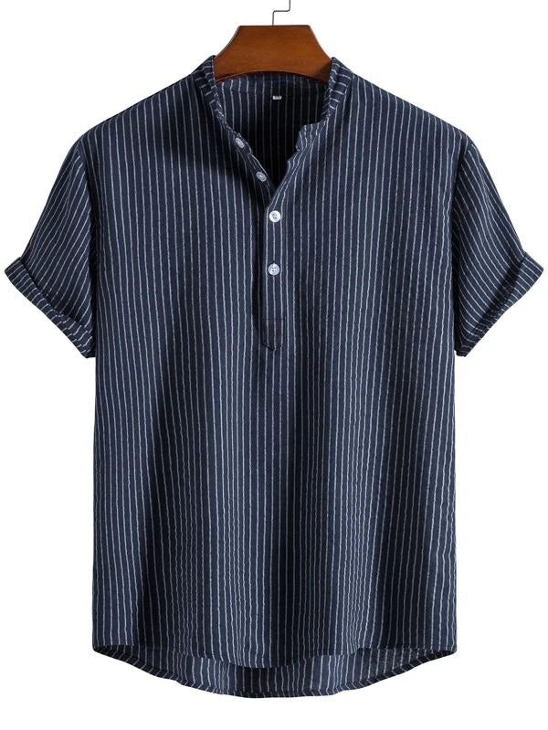 Loookus - Men Linen Striped Half Button Shirt