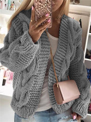 Loookus - Women's Cardigan Knitted Solid Color Basic Casual Chunky Long Sleeve Loose Sweater Cardigans Hooded Open Front Fall Winter Wine Dusty Rose Gray