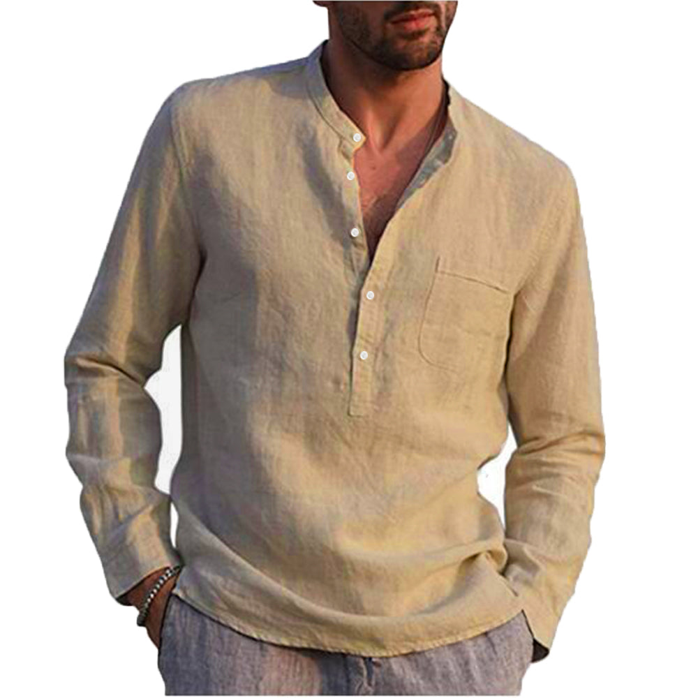 Loookus - Men's Cotton Linen Summer Solid Color  Stand-Up Collar Long-Sleeved Shirts