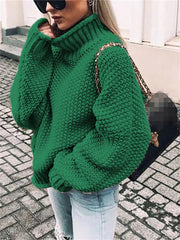 Loookus - Share  Photo by Supplier   Women's Sweater Pullover Jumper Knitted Solid Color Basic Casual Chunky Long Sleeve Loose Sweater Cardigans Turtleneck Fall Winter Light Blue Green White