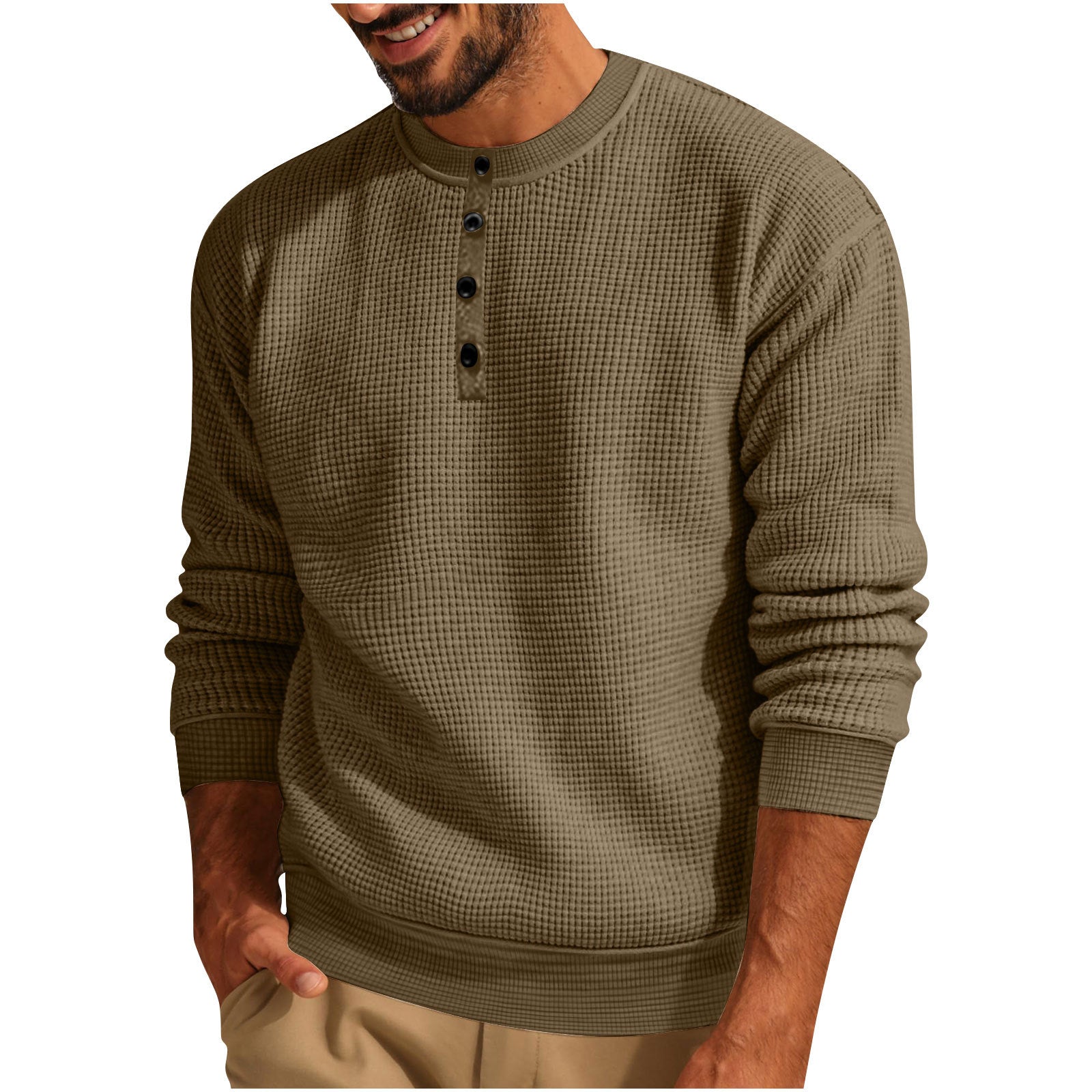 Loookus - 2025 Man's Long Sleeve Knit Henley Pure Color Waffle Texture