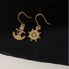 Loookus - Asymmetric Ship Anchor And Rudder Zircon Earrings