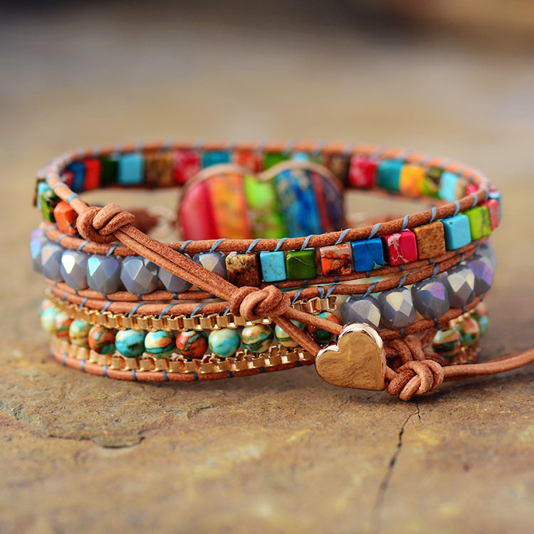 Lookus - Heart-Shaped Colorful Imperial Stone Leather Bracelet