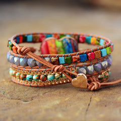 Lookus - Heart-Shaped Colorful Imperial Stone Leather Bracelet