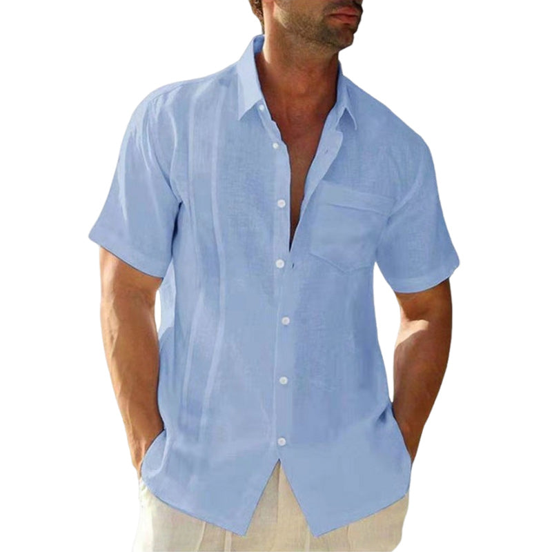 Loookus - Men's summer lapel solid color cotton and linen cardigan casual short-sleeved shirt