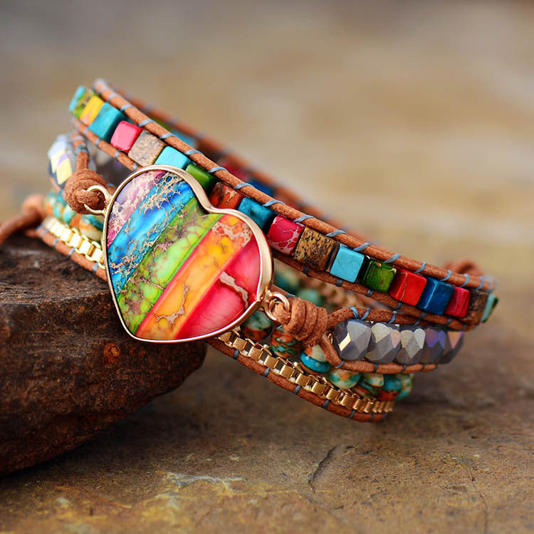 Lookus - Heart-Shaped Colorful Imperial Stone Leather Bracelet