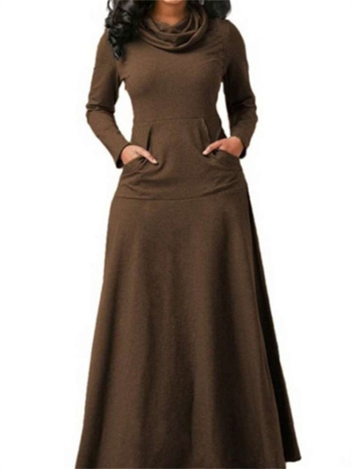 Loookus - Women's Casual Dress Emerald Green Dress Black Dress Long Dress Maxi Dress Green Black Brown Long Sleeve Pure Color Pocket Winter Fall Spring High Neck Basic Winter Dress Christmas Birthday 2022 S M