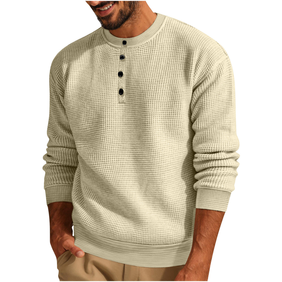 Loookus - 2025 Man's Long Sleeve Knit Henley Pure Color Waffle Texture