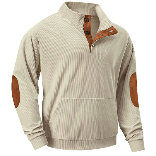 Loookus - Waffle Textured Solid Color Button-Up Corduroy Polo Shirt with Long Sleeves