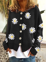 Loookus - Autumn and Winter New Loose Sweater Ms. Small Autumn Chrysanthemum Embroidery Needle Cardigan Women's Clothing