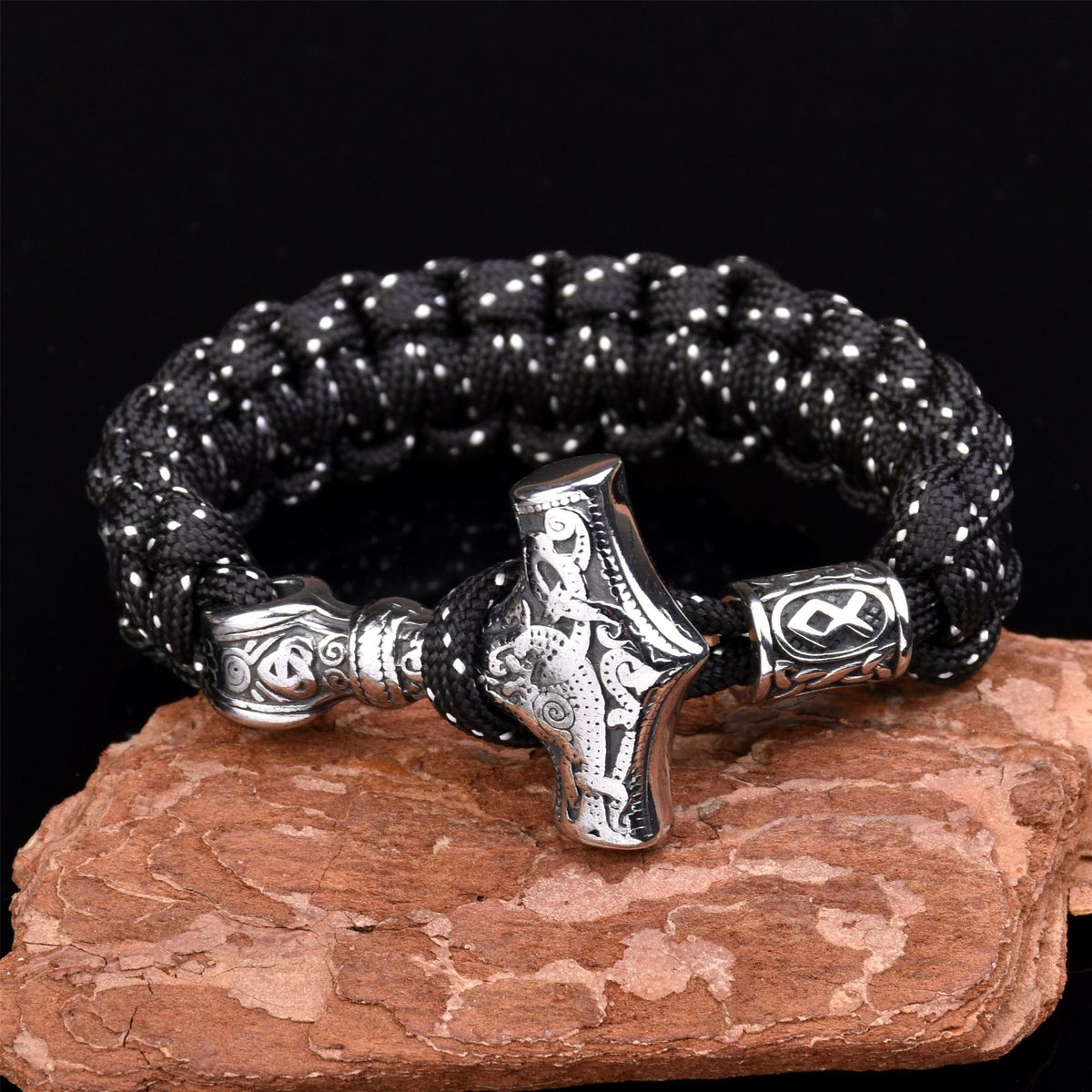 Viking Thor’s Hammer Paracord Bracelet – Black with White Dots
