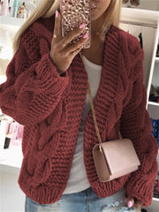 Loookus - Women's Cardigan Knitted Solid Color Basic Casual Chunky Long Sleeve Loose Sweater Cardigans Hooded Open Front Fall Winter Wine Dusty Rose Gray