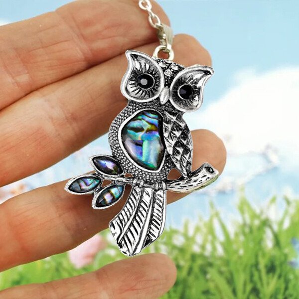 Loookus - Sterling Silver Abalone Jewellery Owl Pendant Necklace