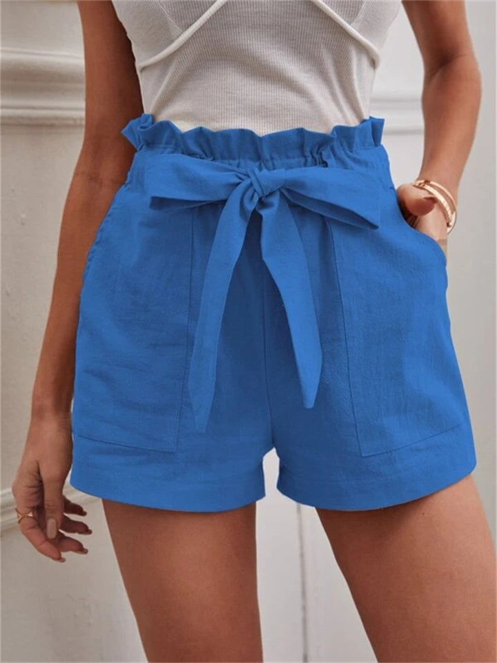 Loookus - Summer Ladies Loose Linen Casual Shorts Pockets Solid Color Big Yards High Waist Wide Leg Pants