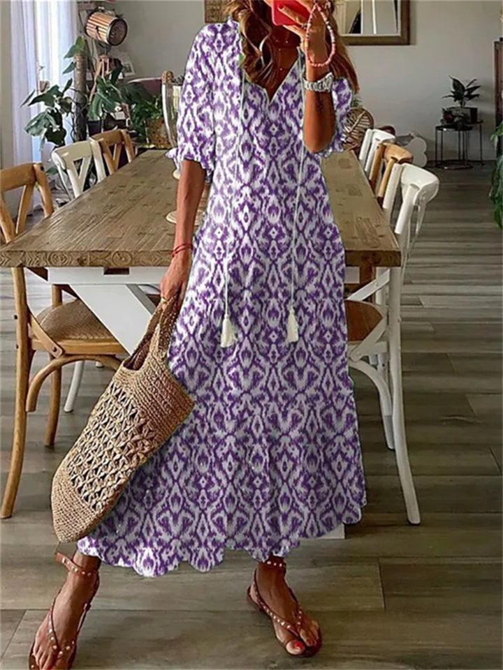 Loookus - Women's A Line Dress Maxi long Dress Purple Half Sleeve Print Ruched Print Spring Summer V Neck Casual Vacation 2022 3XL