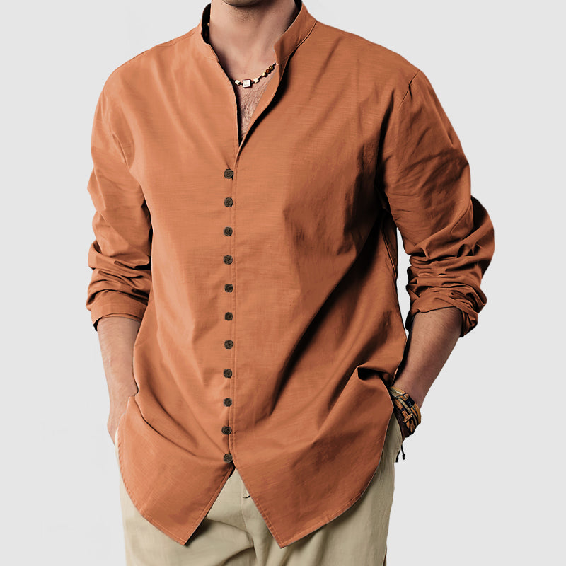 Loookus - Gentleman's Standing Collar Button Down Cotton Linen Shirt