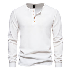 Loookus - Long Sleeve Waffle Knit Four Buttons Henley Shirt