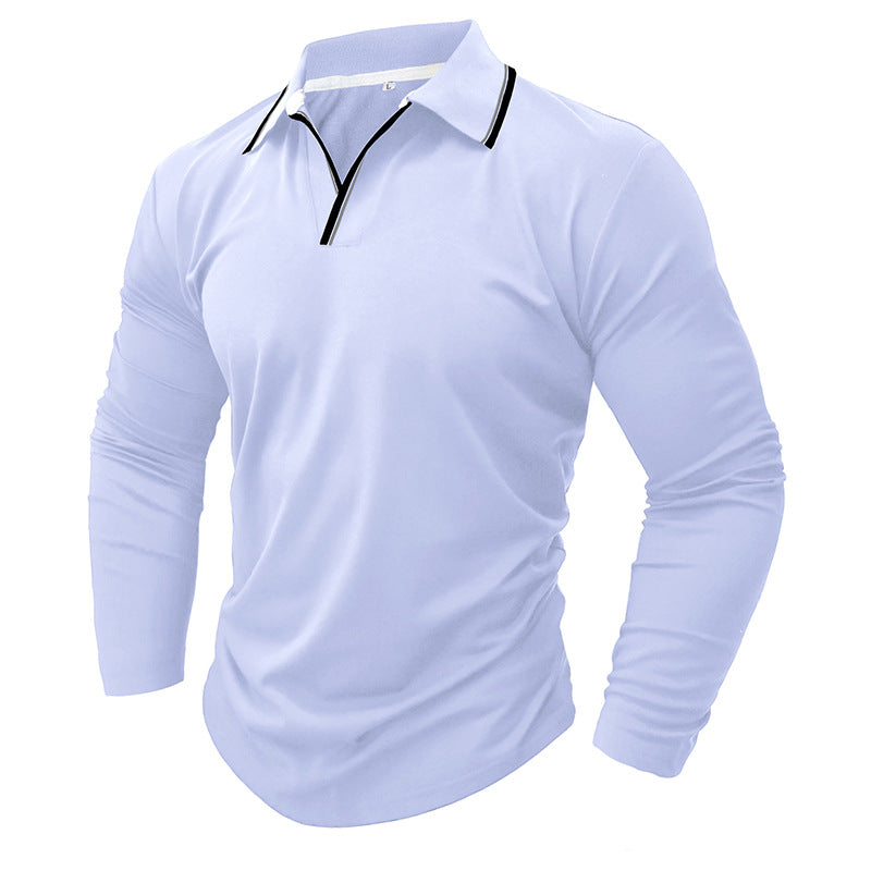 Loookus - Men's Long Sleeve Patchwork Cotton Color Blocked White Line Polo Shirt